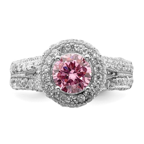 925 Sterling Silver Rhodium plated 10mm Clear CZ and Pink Heart CZ Ring - Picture 5 of 6